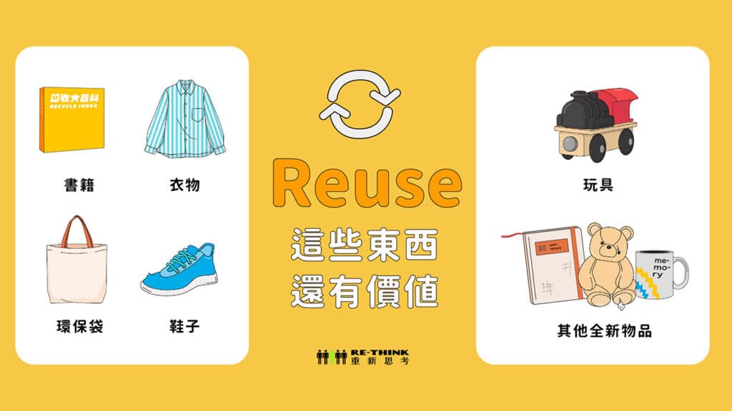 書籍、衣物、環保袋、鞋子、玩具、其他的全新物品，若狀態良好，其實都還有價值喔！